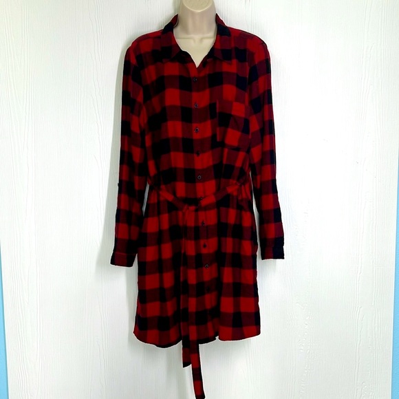 Abercrombie &Fitch -Buffalo Red & Black Plaid Flannel Button Down Shirt Dress XL - Picture 2 of 12